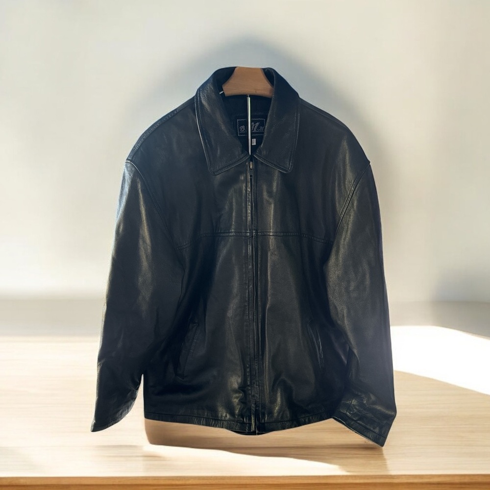 B.M.M. Men's Size Large Vintage 90s Real Leather Zipper Jacket in Black